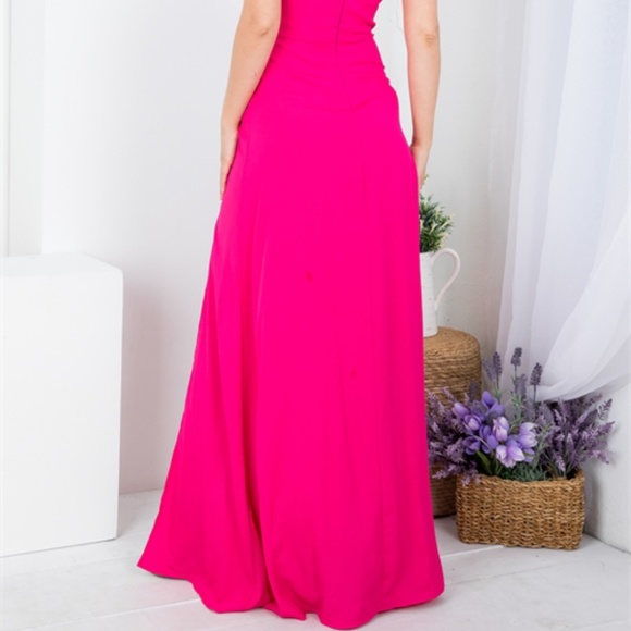 FUCHSIA SPAGHETTI STRAP WITH BACK ZIP CLOSURE DOUBLE SLIT MAXI DRESS - Picture 8 of 9